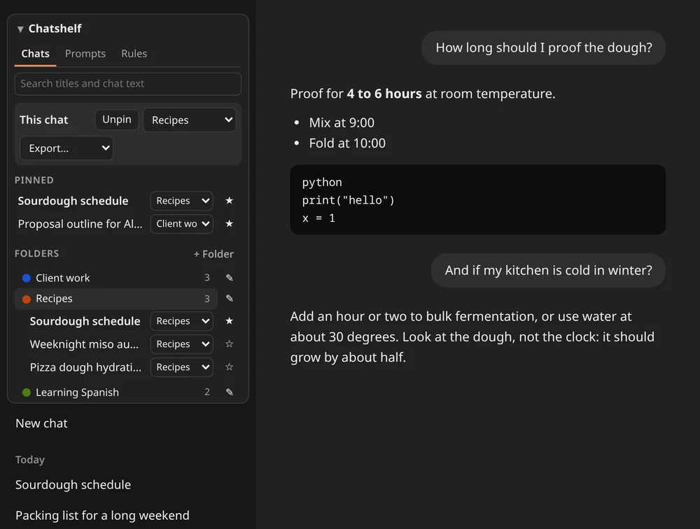 The Chatshelf section above a ChatGPT chat list, showing the open chat, pinned chats and folders named Client work, Recipes and Learning Spanish with the chats filed in Recipes.
